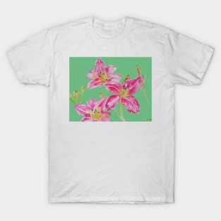 Pink Lily Flower Watercolor Painting Pattern - on Apple Green T-Shirt